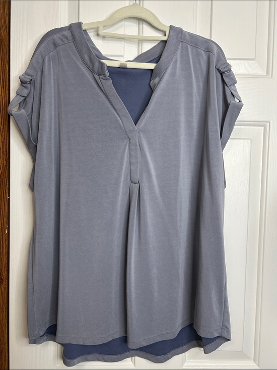 CG Sport Tops - CG Sport Relaxed V-Neck Short Sleeve Blouse in Dusty Blue Gray